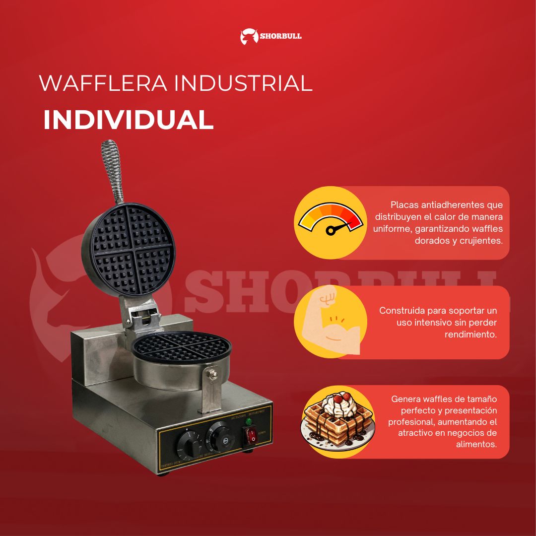 Wafflera Individual Industrial con Placas Antiadhesivas y Mango Ergonómico