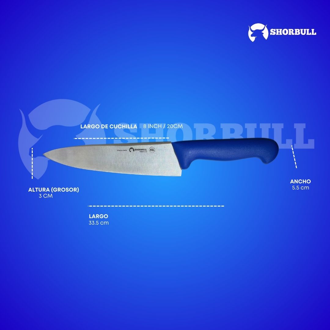 Cuchillo Chef 8 inch Hoja Acero Inoxidable Mango Ergonómico Color Azul.