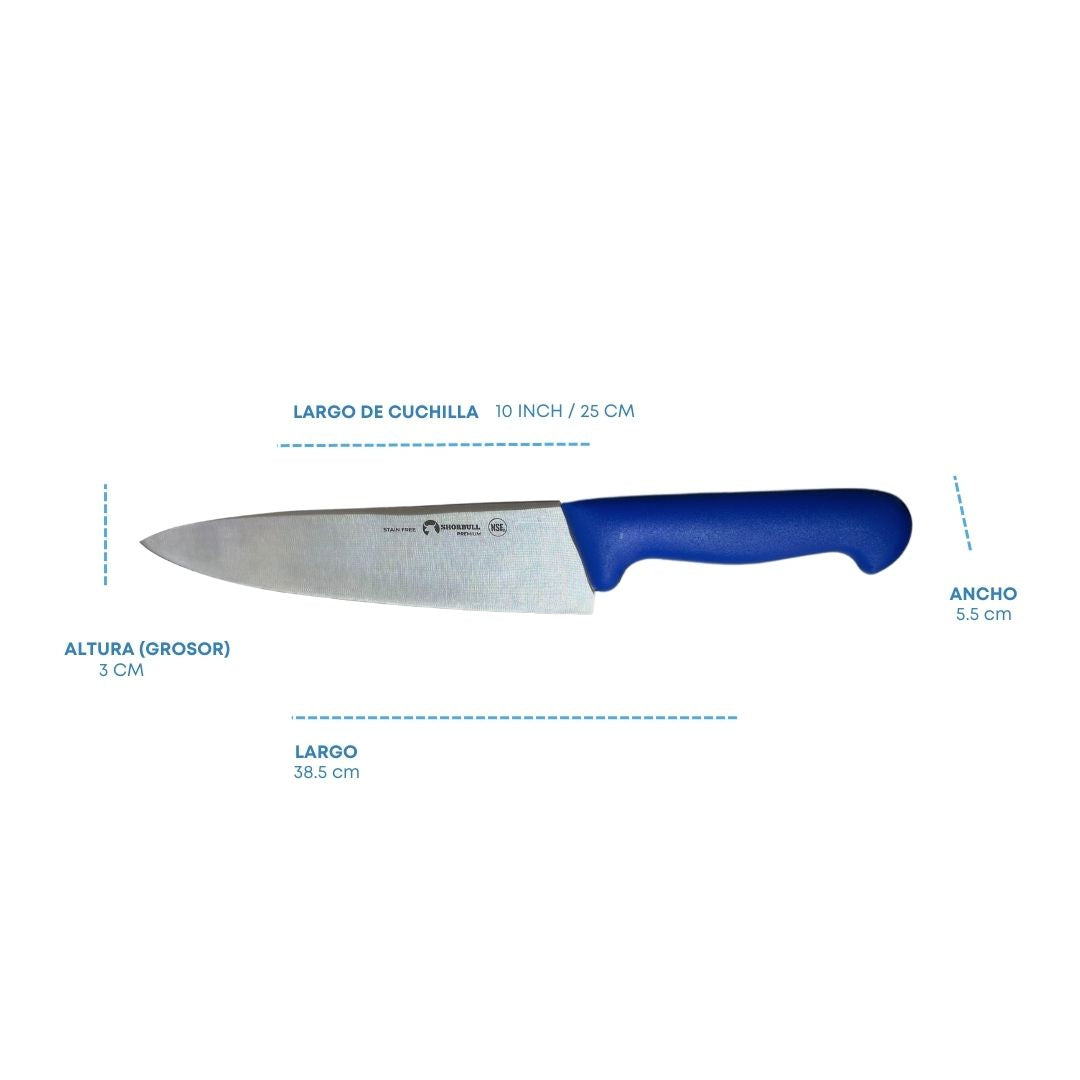 Cuchillo Chef 10 inch Hoja Acero Inoxidable Mango Ergonómico Color Azul.