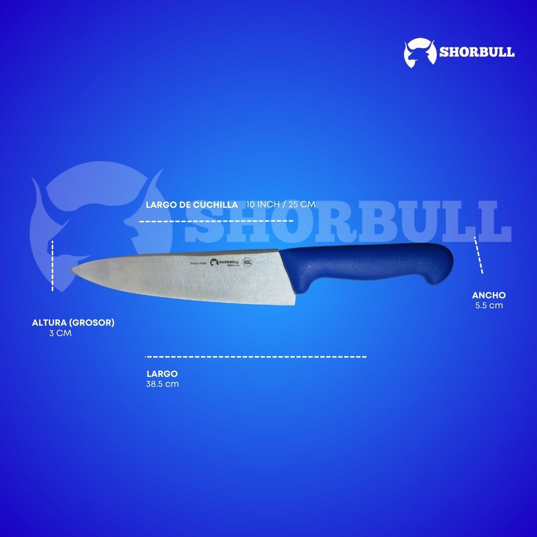 Cuchillo Chef 10 inch Hoja Acero Inoxidable Mango Ergonómico Color Azul.