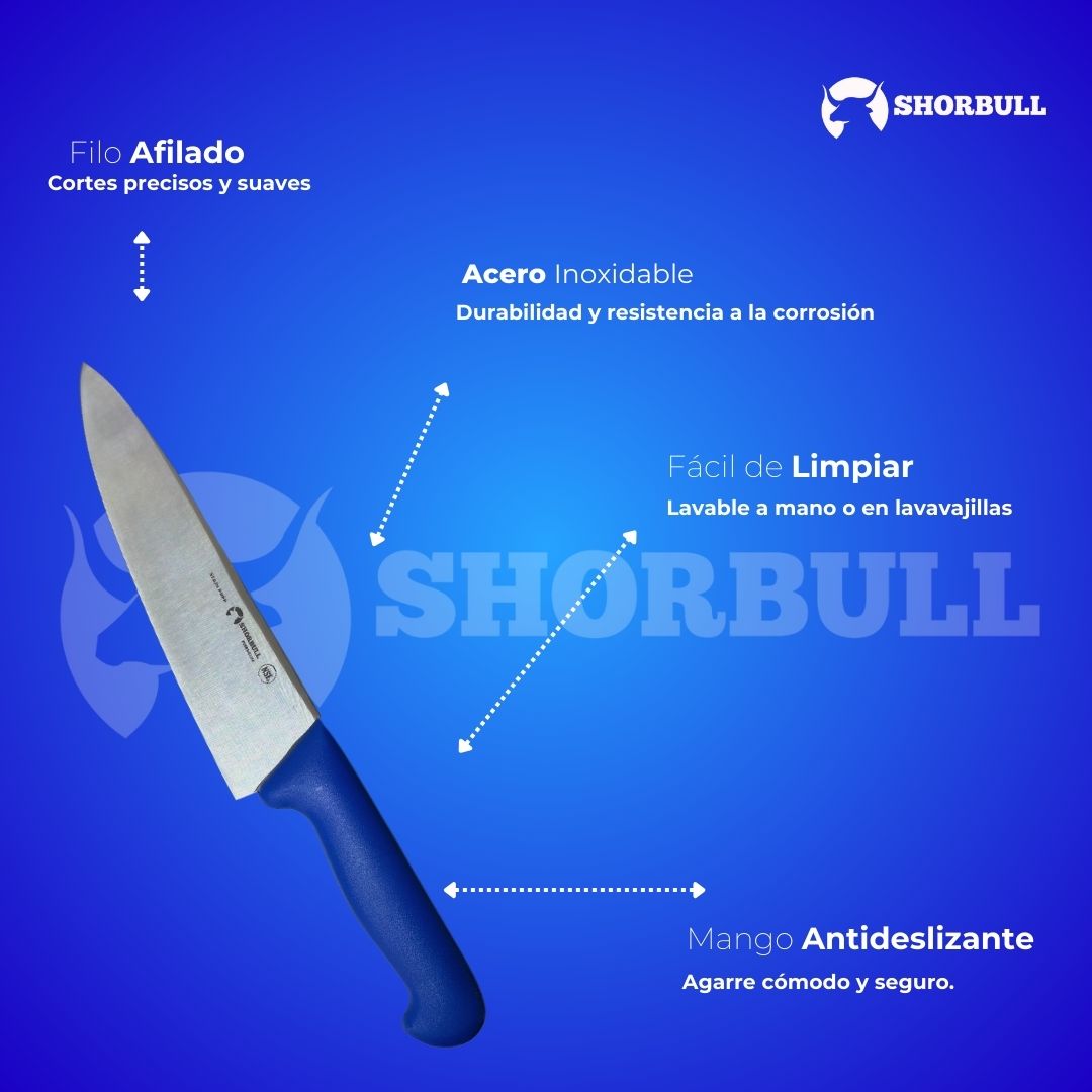 Cuchillo Chef 10 inch Hoja Acero Inoxidable Mango Ergonómico Color Azul.