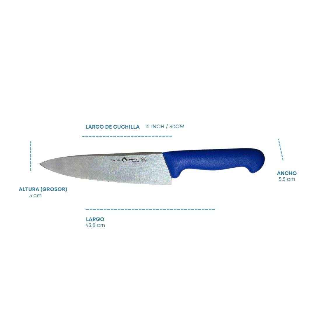 Cuchillo Chef 12 inch Hoja Acero Inoxidable Mango Ergonómico Color Azul.