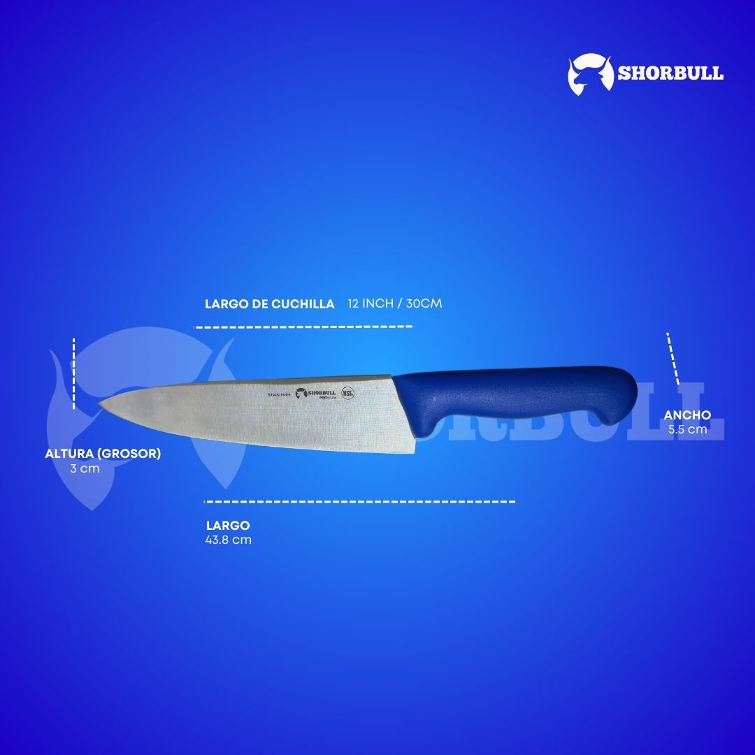 Cuchillo Chef 12 inch Hoja Acero Inoxidable Mango Ergonómico Color Azul.