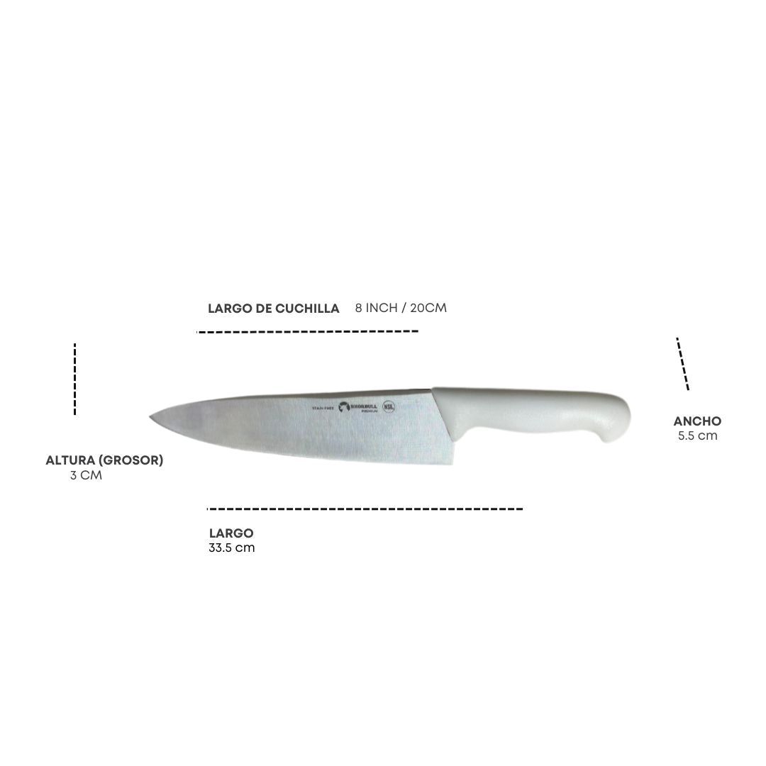 Kit de 3 cuchillos para Chef 8 inch Hoja Acero Inoxidable Mango Ergonómico Color Azul, rojo y blanco