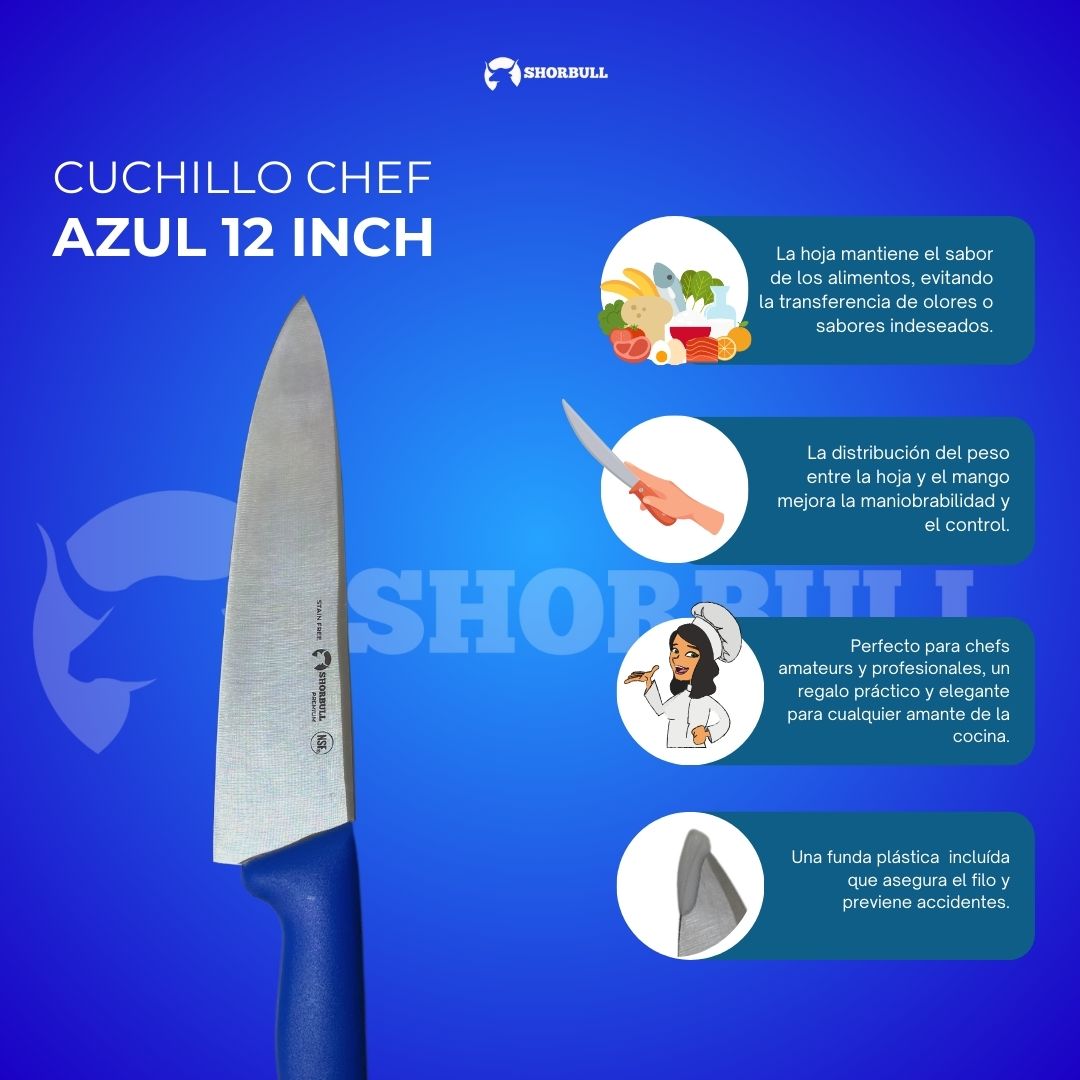 Cuchillo Chef 12 inch Hoja Acero Inoxidable Mango Ergonómico Color Azul.