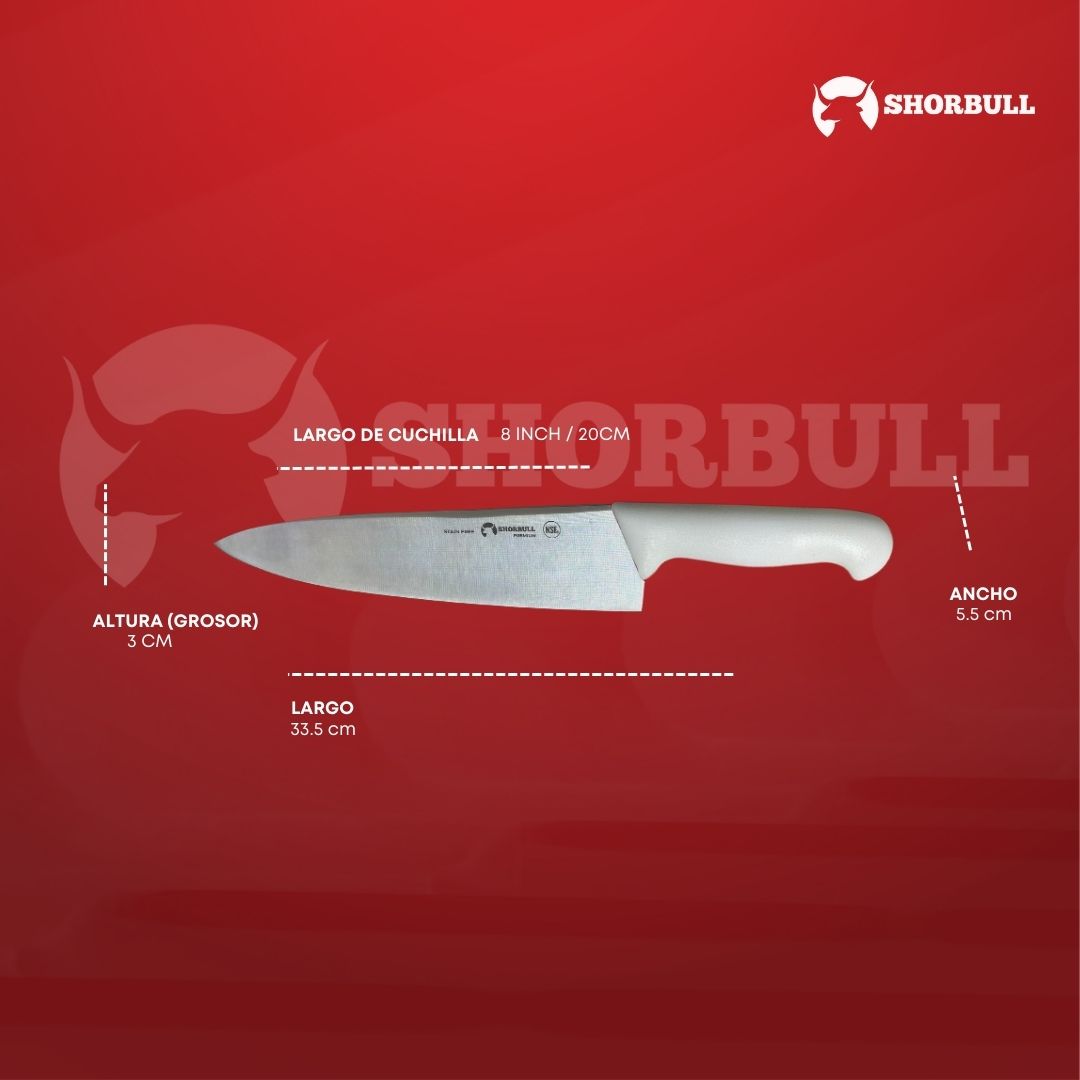 Kit de 3 cuchillos para Chef 8 inch Hoja Acero Inoxidable Mango Ergonómico Color Azul, rojo y blanco