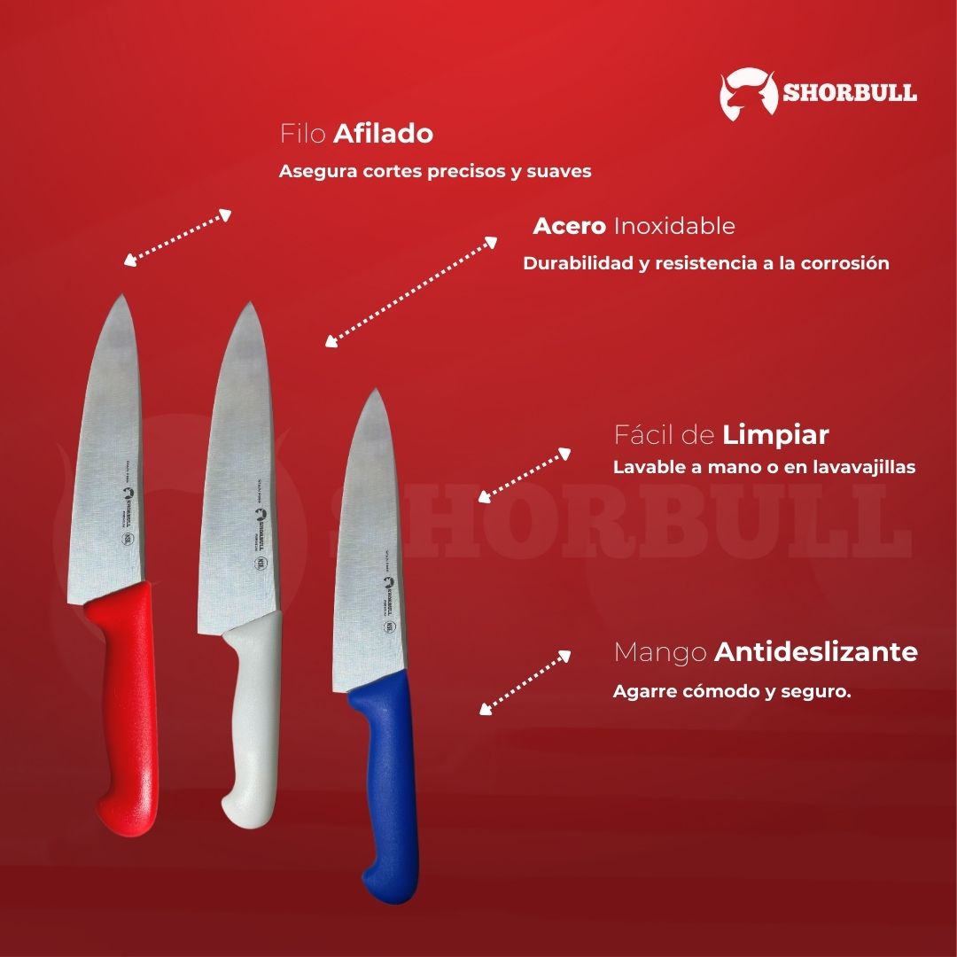 Kit de 3 cuchillos para Chef 8 inch Hoja Acero Inoxidable Mango Ergonómico Color Azul, rojo y blanco