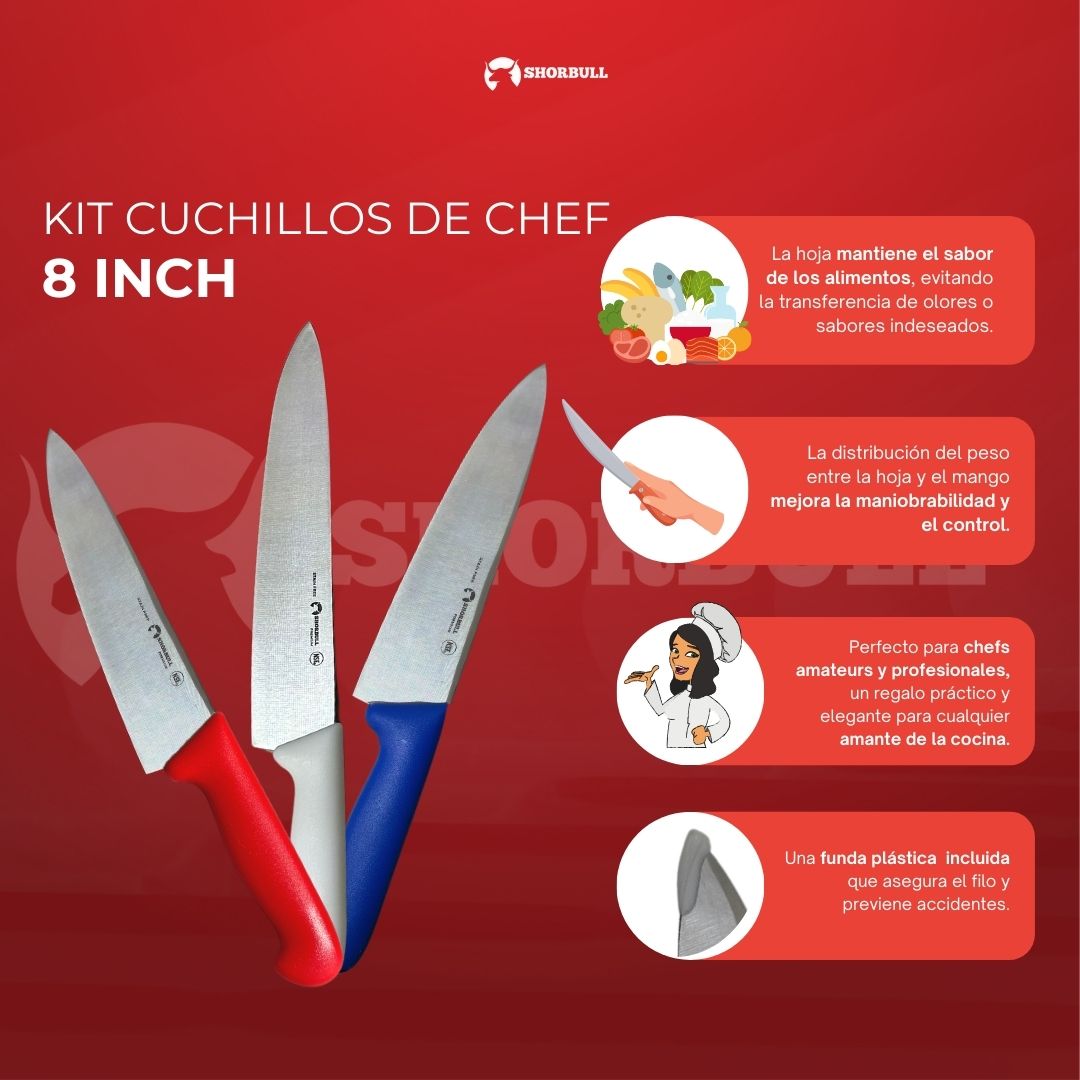 Kit de 3 cuchillos para Chef 8 inch Hoja Acero Inoxidable Mango Ergonómico Color Azul, rojo y blanco