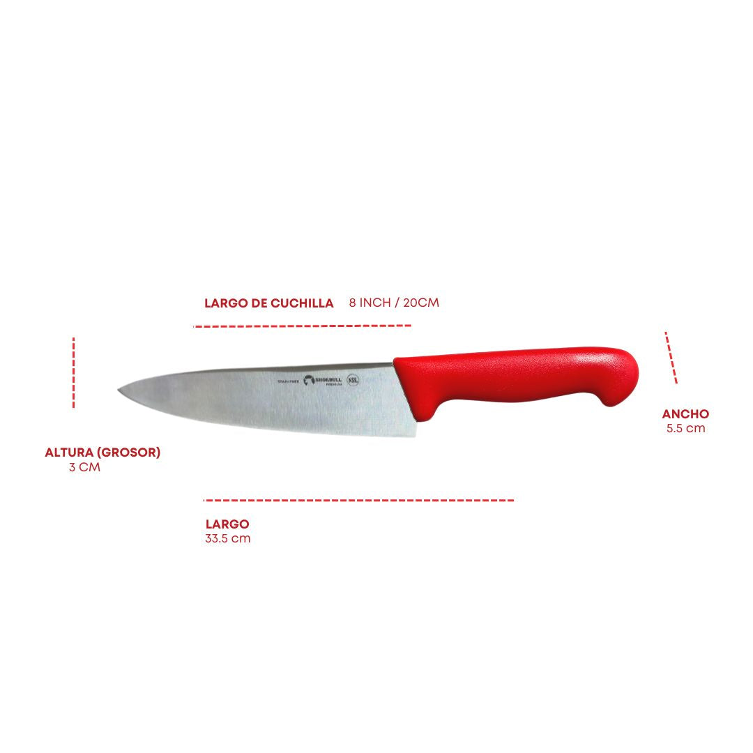 Cuchillo Chef 8 inch Hoja Acero Inoxidable Mango Ergonómico Color Rojo