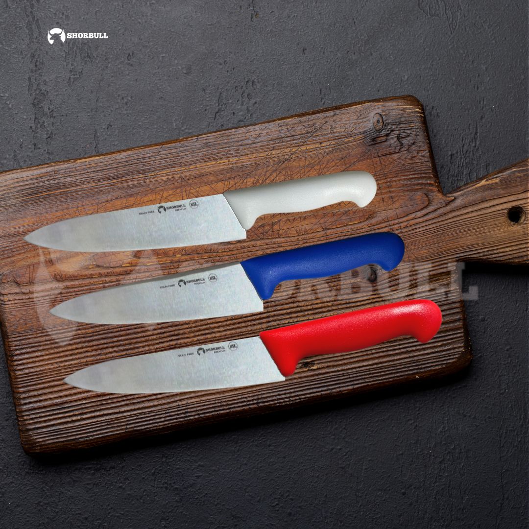 Kit de 3 cuchillos para Chef 8 inch Hoja Acero Inoxidable Mango Ergonómico Color Azul, rojo y blanco