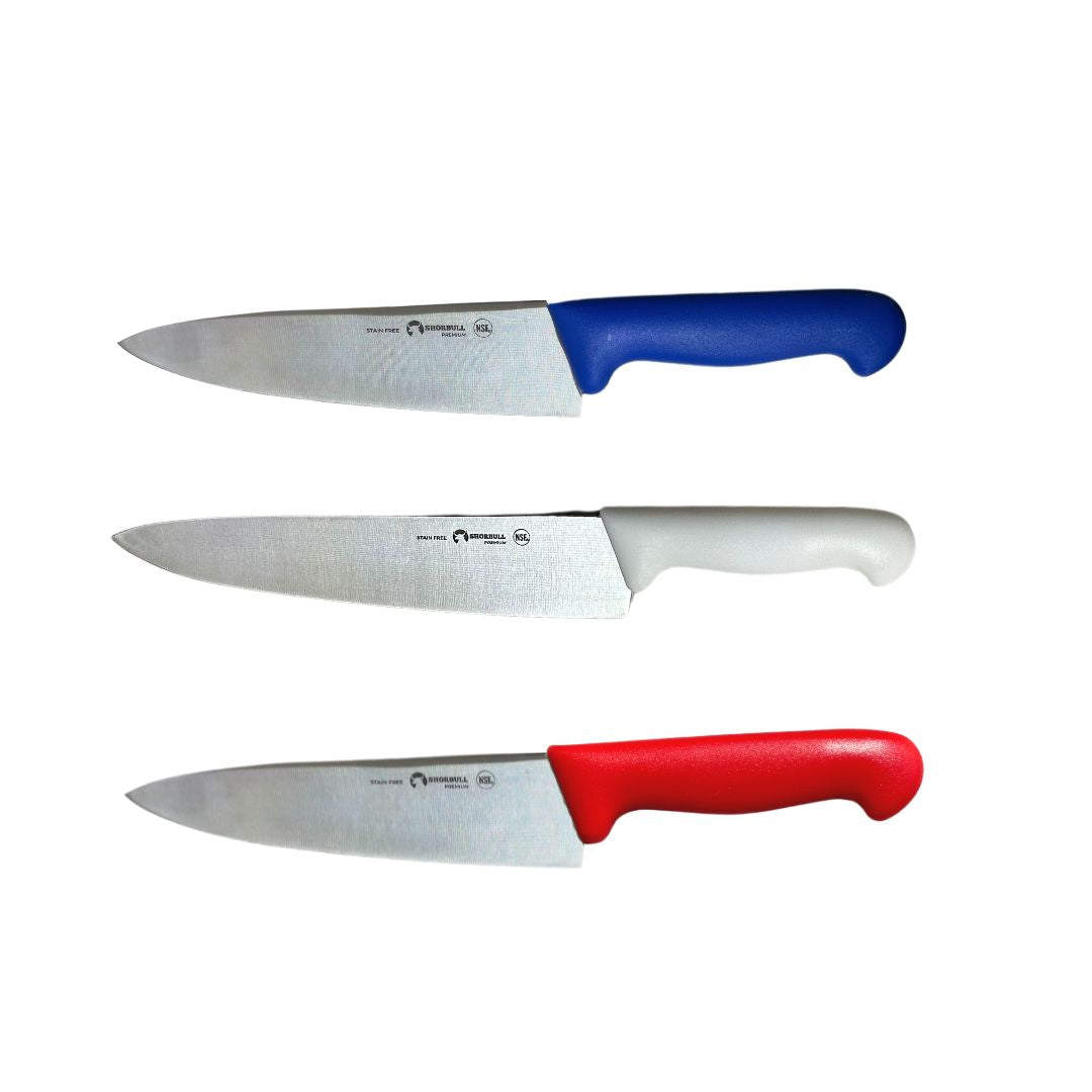 Kit de 3 cuchillos para Chef 10 inch Hoja Acero Inoxidable Mango Ergonómico Color Azul, rojo y blanco