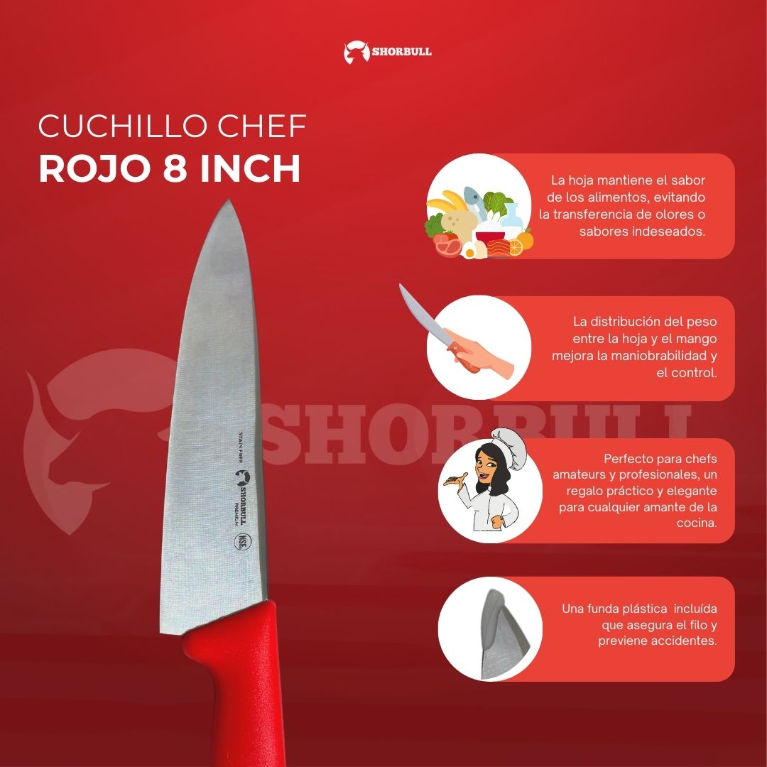 Cuchillo Chef 8 inch Hoja Acero Inoxidable Mango Ergonómico Color Rojo