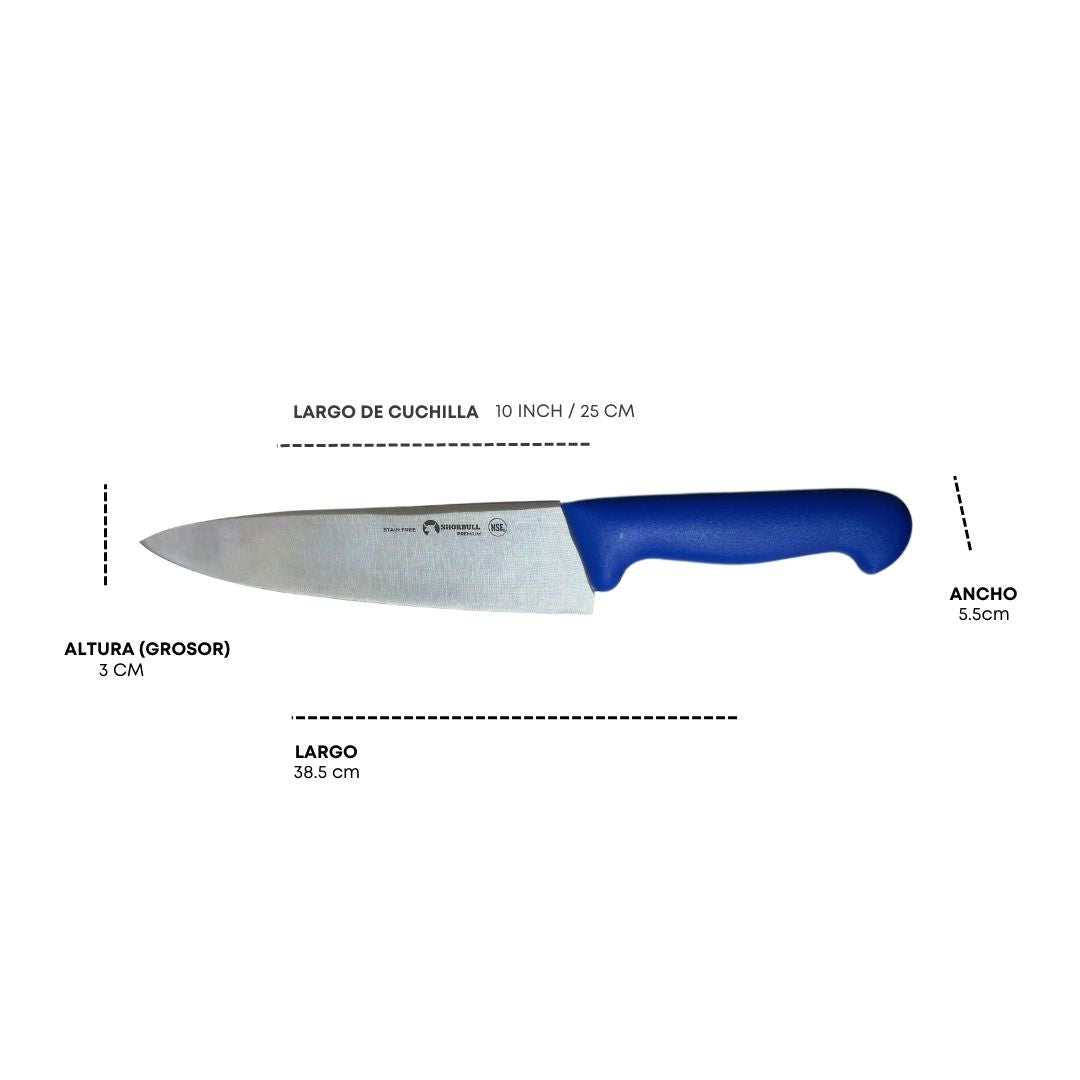 Kit de 3 cuchillos para Chef 10 inch Hoja Acero Inoxidable Mango Ergonómico Color Azul, rojo y blanco