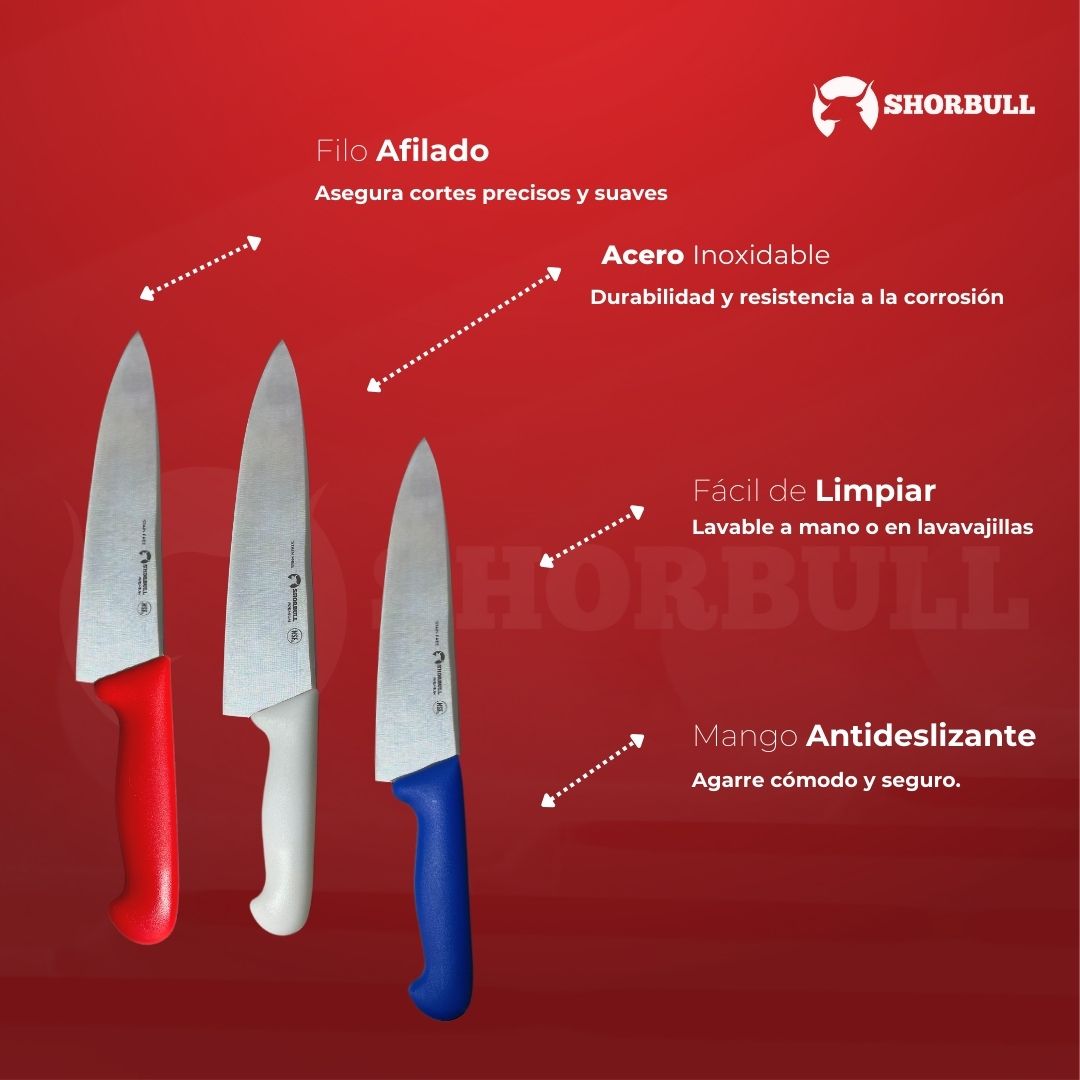 Kit de 3 cuchillos para Chef 10 inch Hoja Acero Inoxidable Mango Ergonómico Color Azul, rojo y blanco