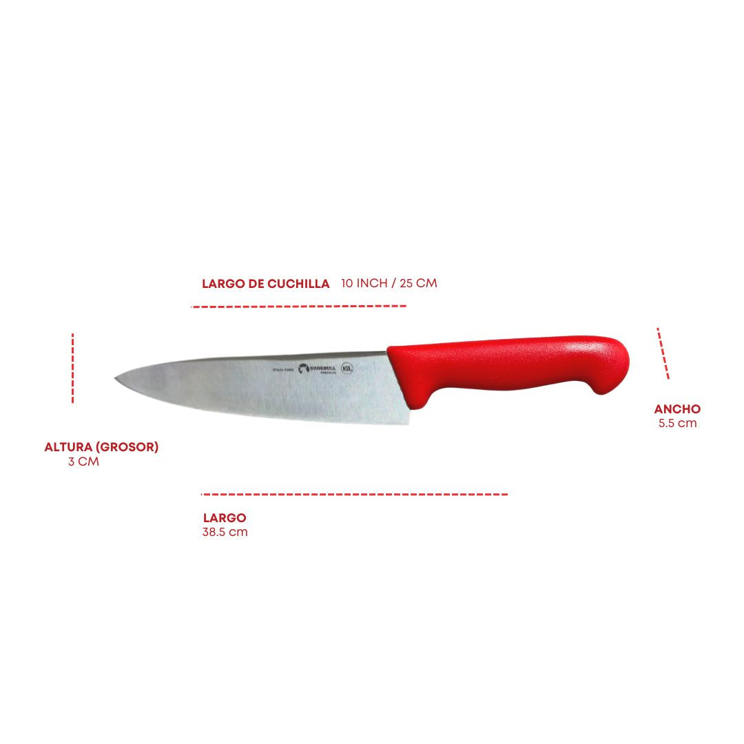 Cuchillo Chef 10 inch Hoja Acero Inoxidable Mango Ergonómico Color Rojo