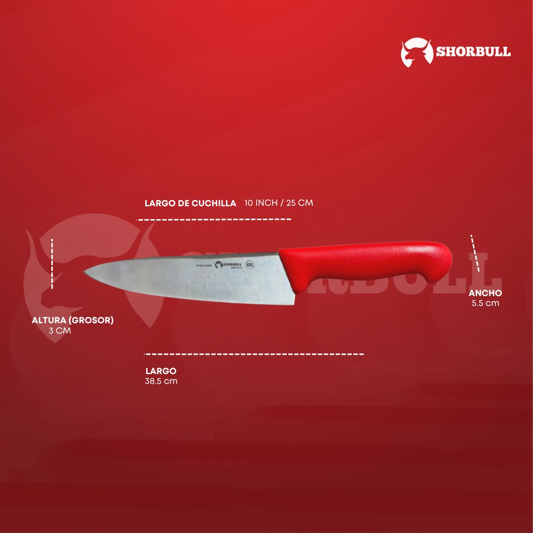 Cuchillo Chef 10 inch Hoja Acero Inoxidable Mango Ergonómico Color Rojo
