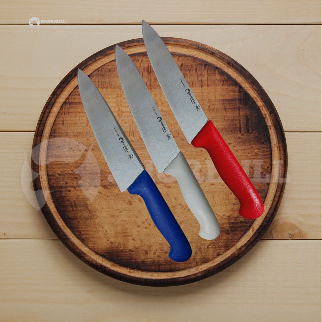 Kit de 3 cuchillos para Chef 10 inch Hoja Acero Inoxidable Mango Ergonómico Color Azul, rojo y blanco