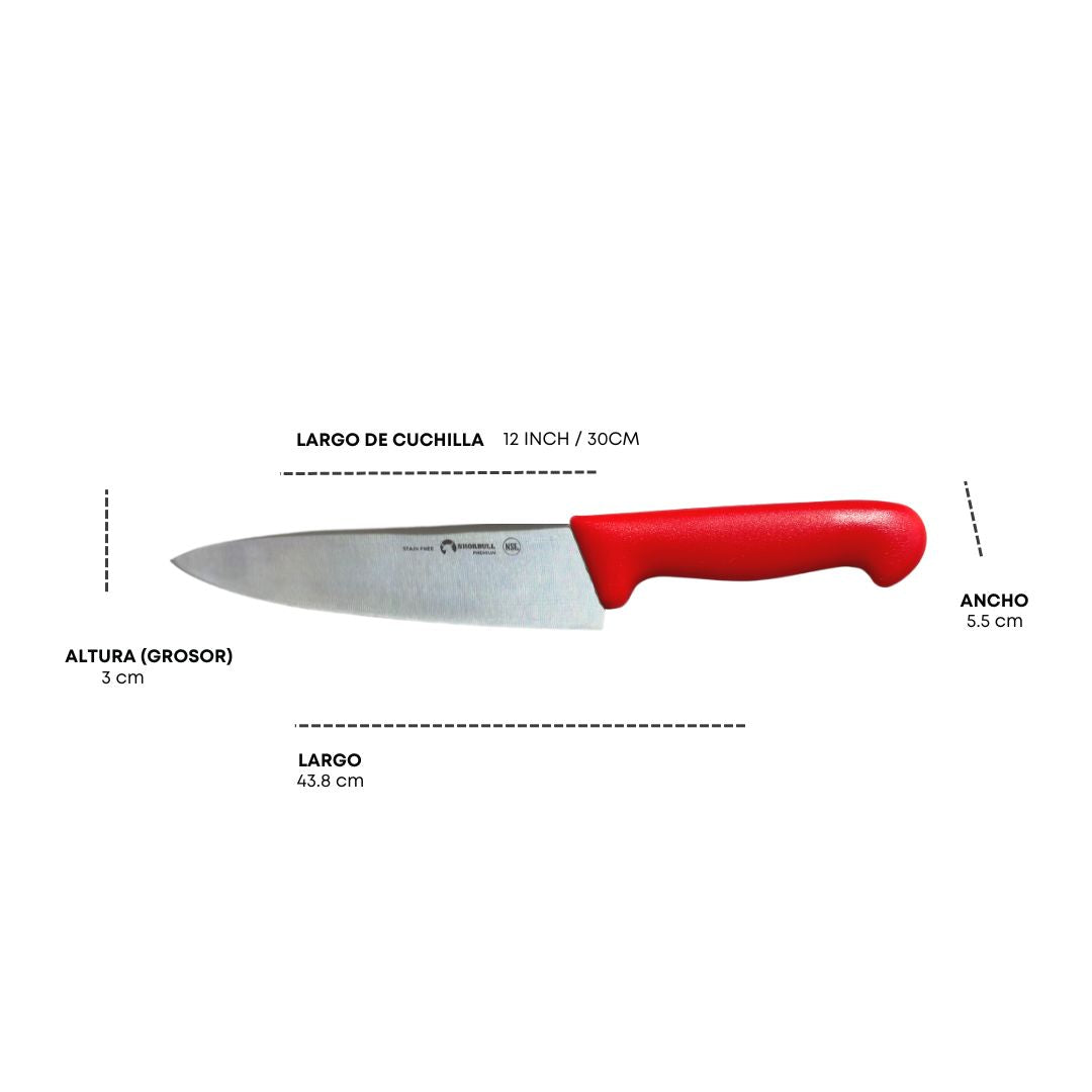Kit de 3 cuchillos para Chef 12 inch Hoja Acero Inoxidable Mango Ergonómico Color Azul, rojo y blanco.