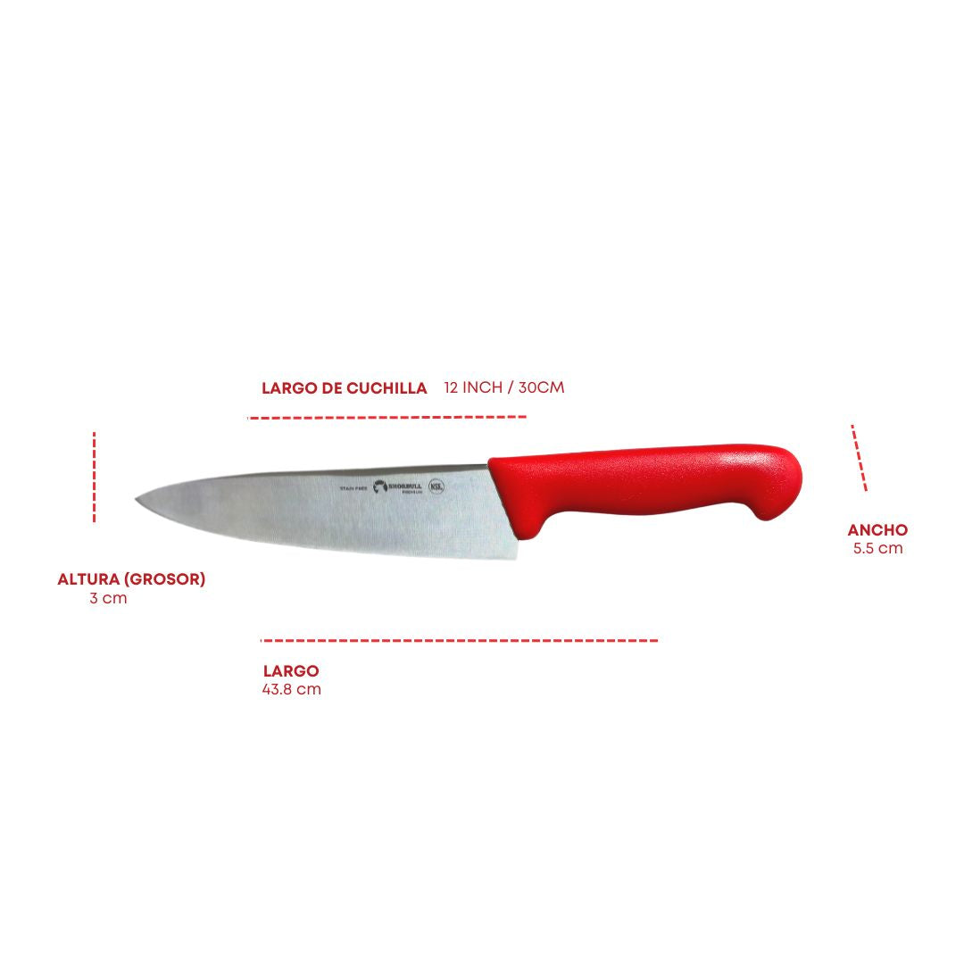 Cuchillo Chef 12 inch Hoja Acero Inoxidable Mango Ergonómico Color Rojo