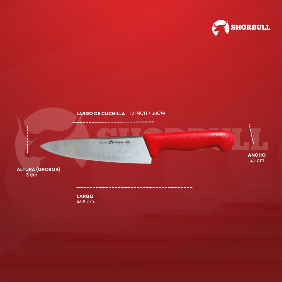 Cuchillo Chef 12 inch Hoja Acero Inoxidable Mango Ergonómico Color Rojo