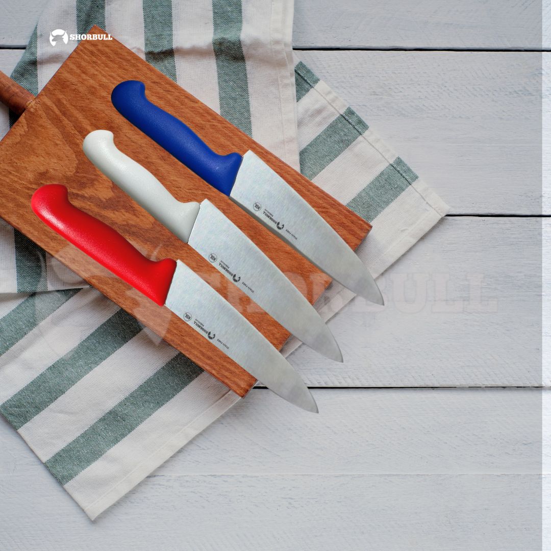 Kit de 3 cuchillos para Chef 12 inch Hoja Acero Inoxidable Mango Ergonómico Color Azul, rojo y blanco.