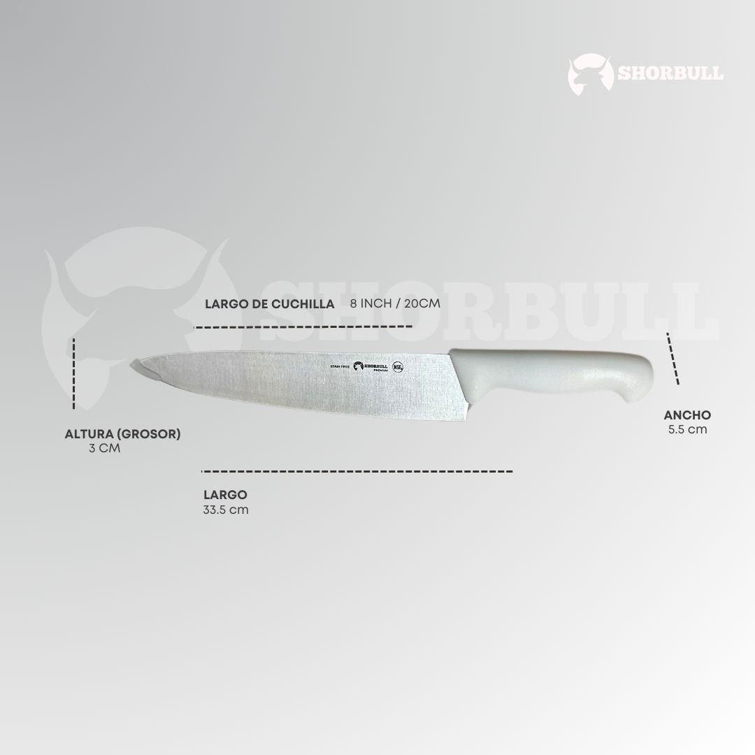 Cuchillo Chef 8 inch Hoja Acero Inoxidable Mango Ergonómico Color Blanco