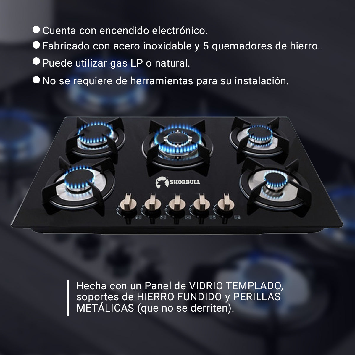 Parrilla Estufa 5 Quemadores Vidrio Templado
