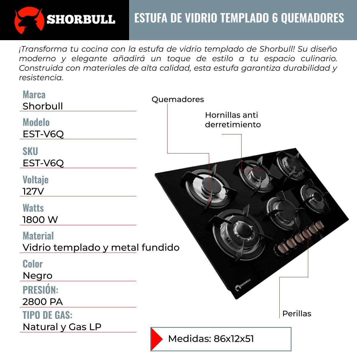 Parrilla Estufa 6 Quemadores Vidrio Templado