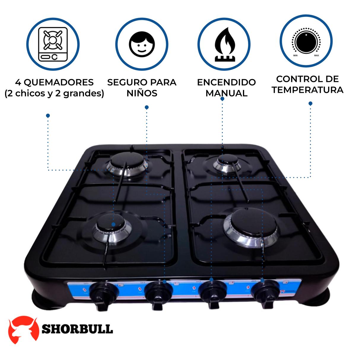 Parrilla Estufa Mesa Gas 4 quemadores Acero Negra
