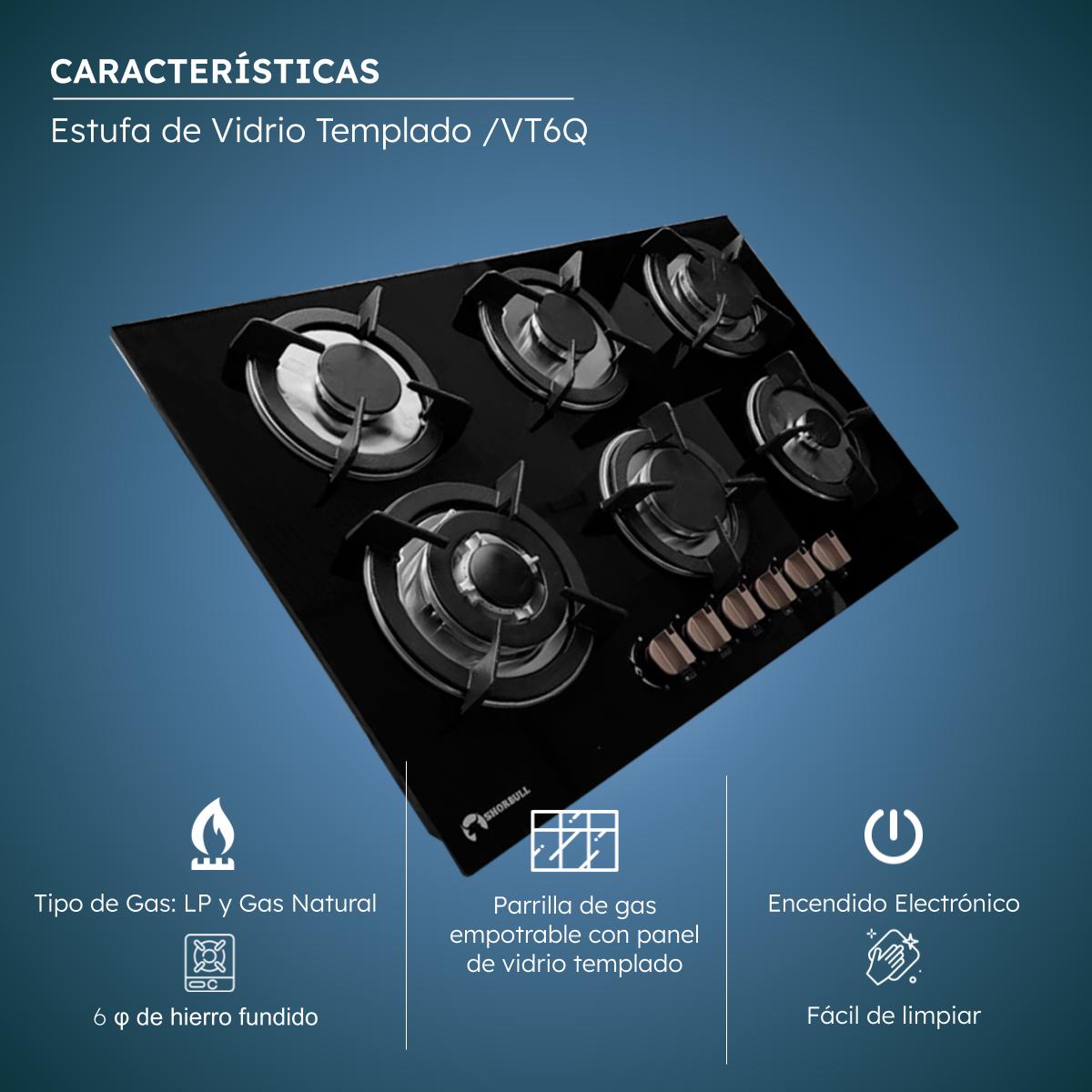 Parrilla Estufa 6 Quemadores Vidrio Templado
