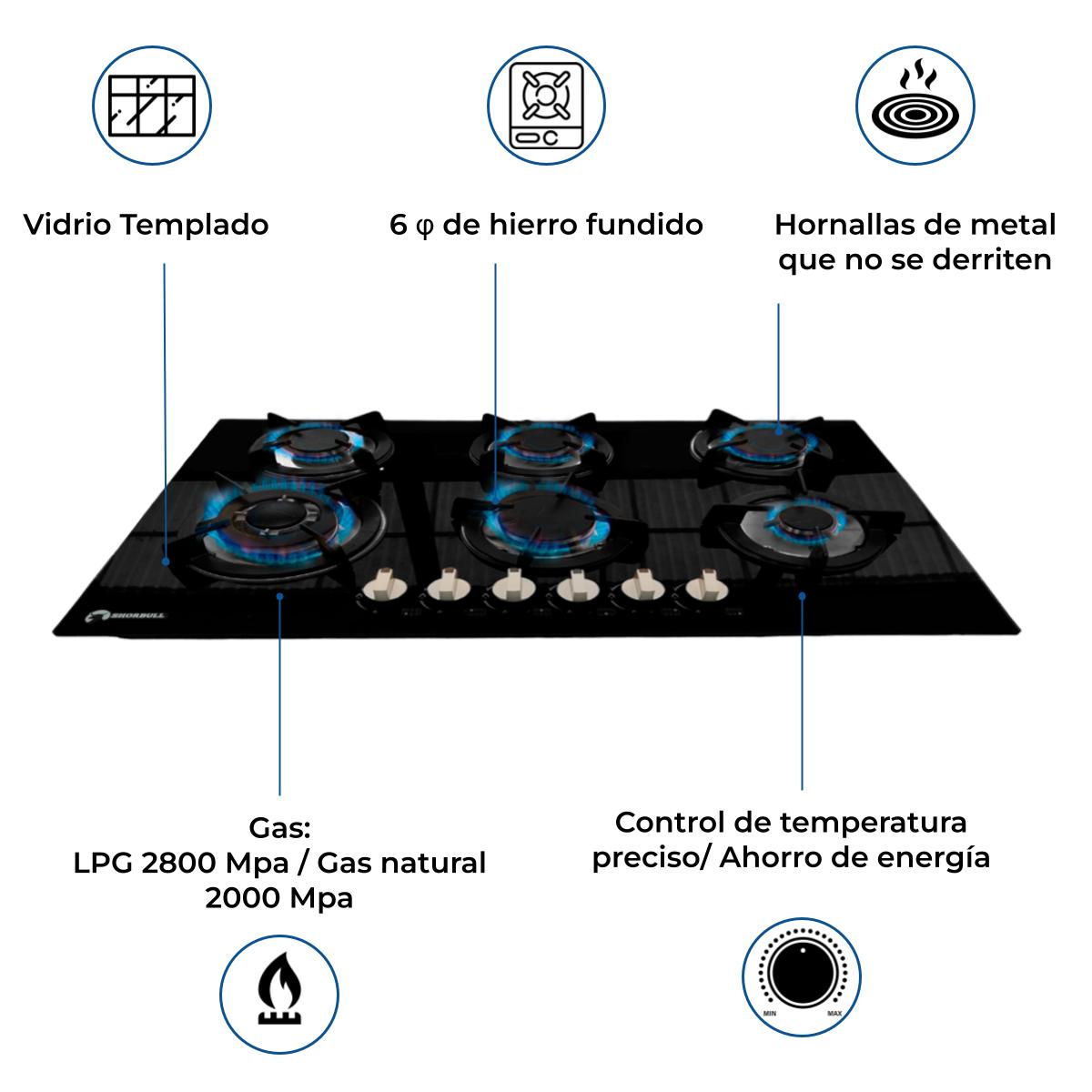 Parrilla Estufa 6 Quemadores Vidrio Templado