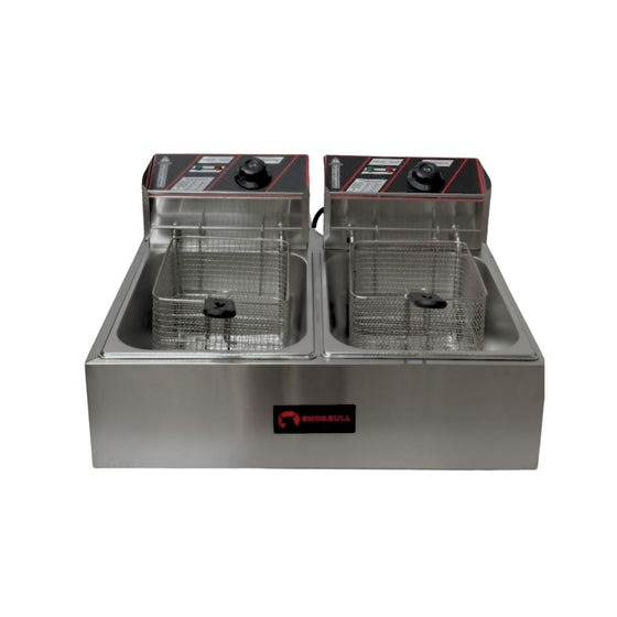 Freidora eléctrica doble de aceite 12 litros Acero Inoxidable Shorbull Gris