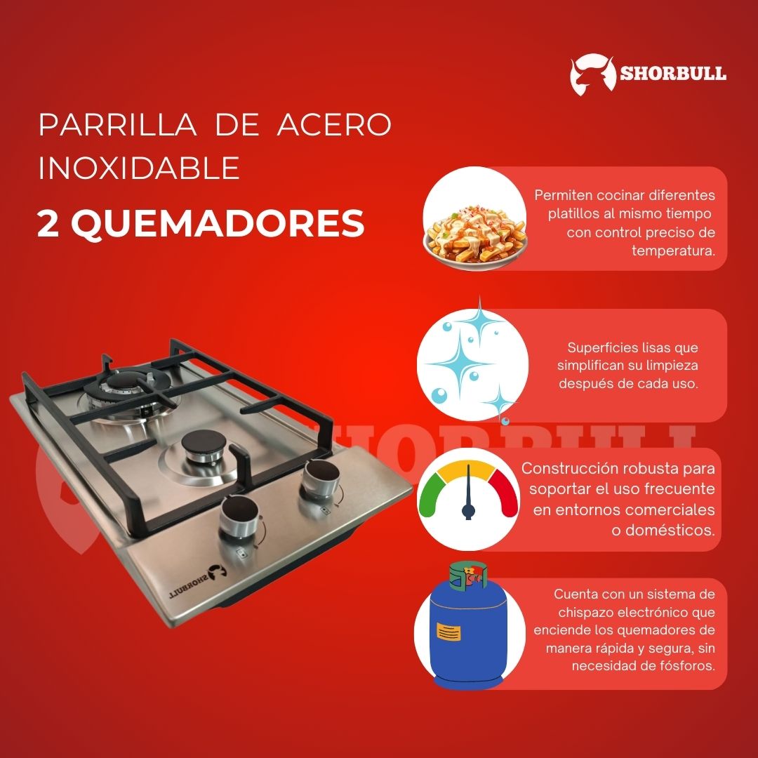Parrilla Estufa 2 Quemadores Acero Inoxidable