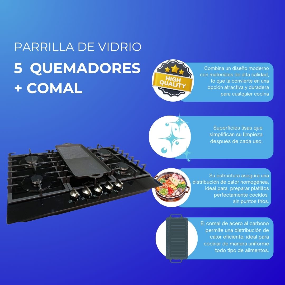 Parrilla Estufa 5 cinco Quemadores Vidrio Templado con comal Shorbull