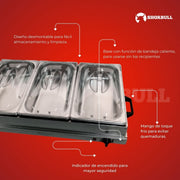 Chafer Buffetera Eléctrica Shorbull 3 Divisiones Acero Inoxidable Buffet Servicio Alimentos