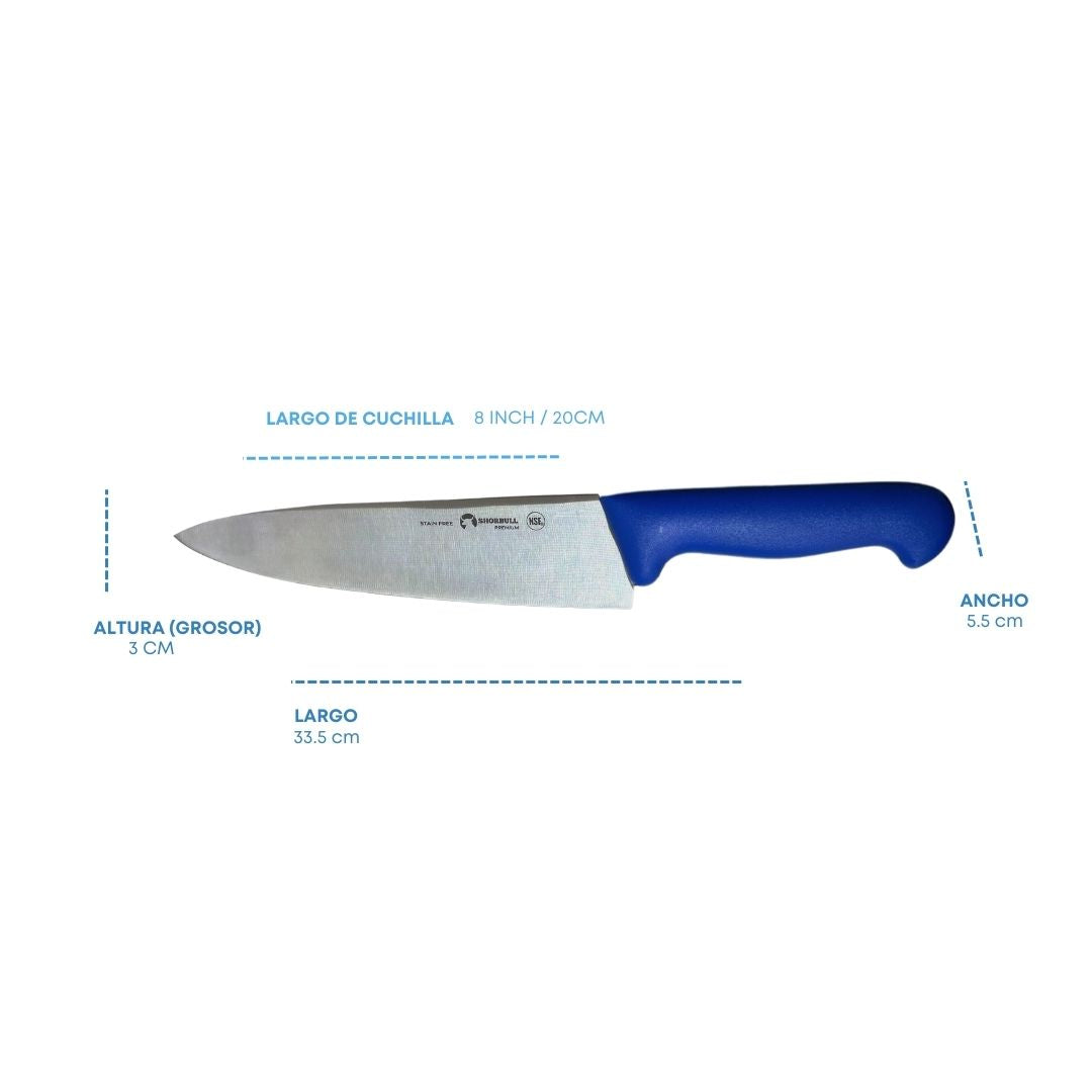 Cuchillo Chef 8 inch Hoja Acero Inoxidable Mango Ergonómico Color Azul.