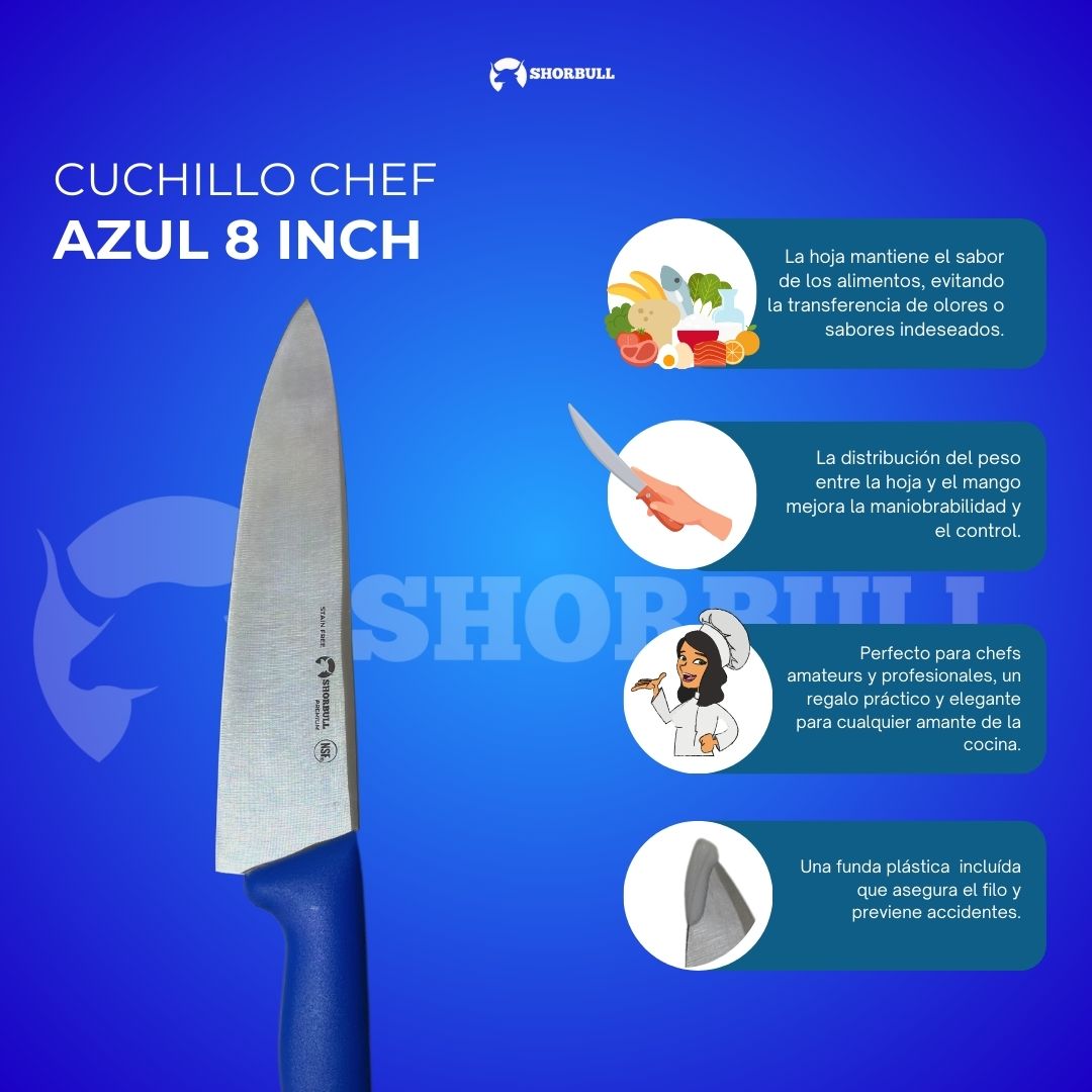 Cuchillo Chef 8 inch Hoja Acero Inoxidable Mango Ergonómico Color Azul.