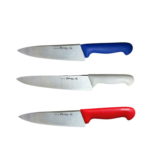 Kit de 3 cuchillos para Chef 8 inch Hoja Acero Inoxidable Mango Ergonómico Color Azul, rojo y blanco