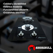 Estufa Vidrio Templado Negra Shorbull 2 Quemadores Gas Empotrable