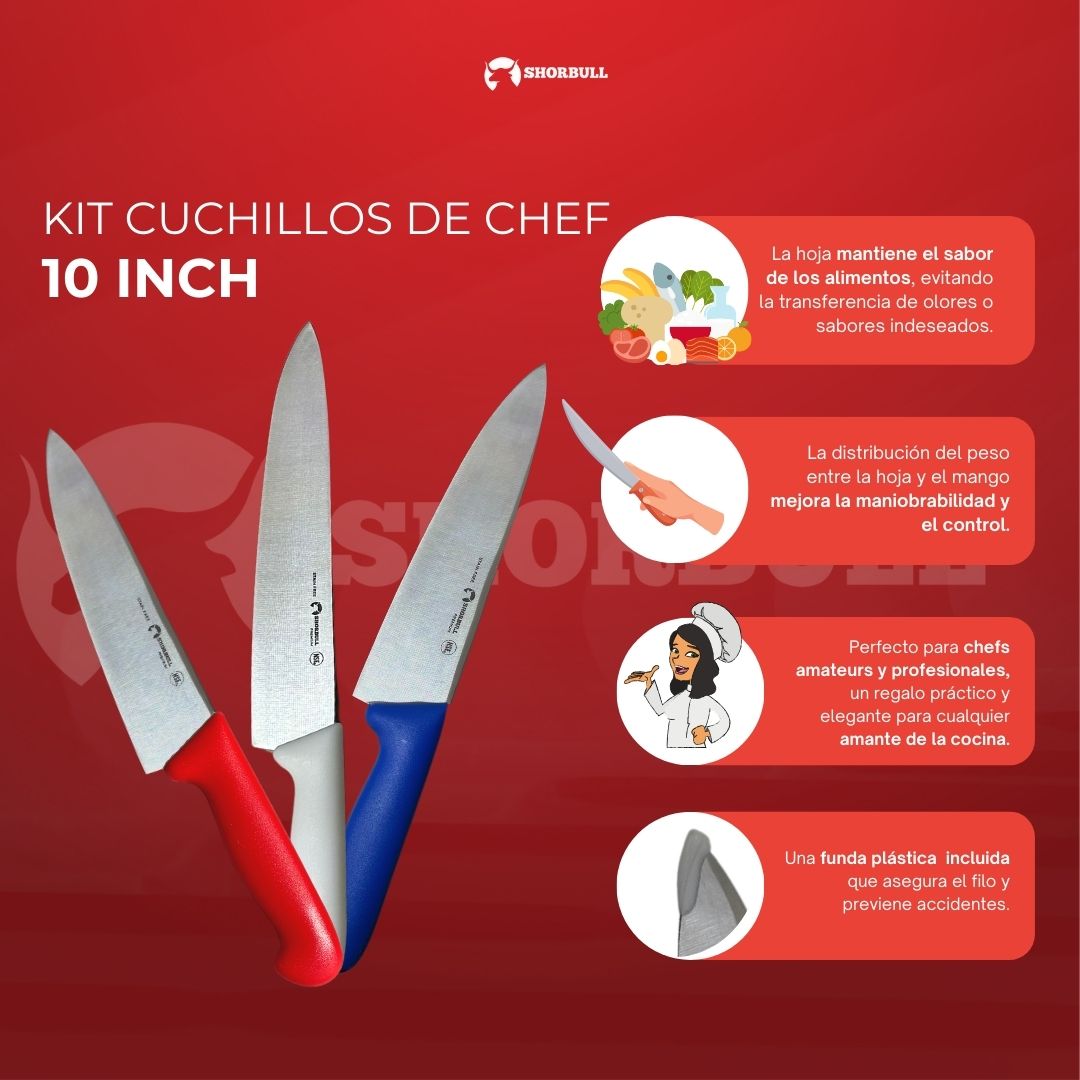 Kit de 3 cuchillos para Chef 10 inch Hoja Acero Inoxidable Mango Ergonómico Color Azul, rojo y blanco
