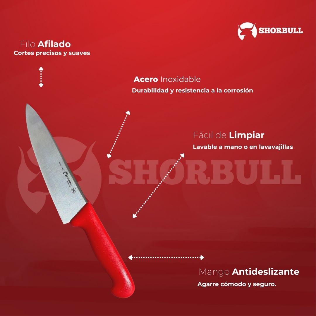 Cuchillo Chef 10 inch Hoja Acero Inoxidable Mango Ergonómico Color Rojo