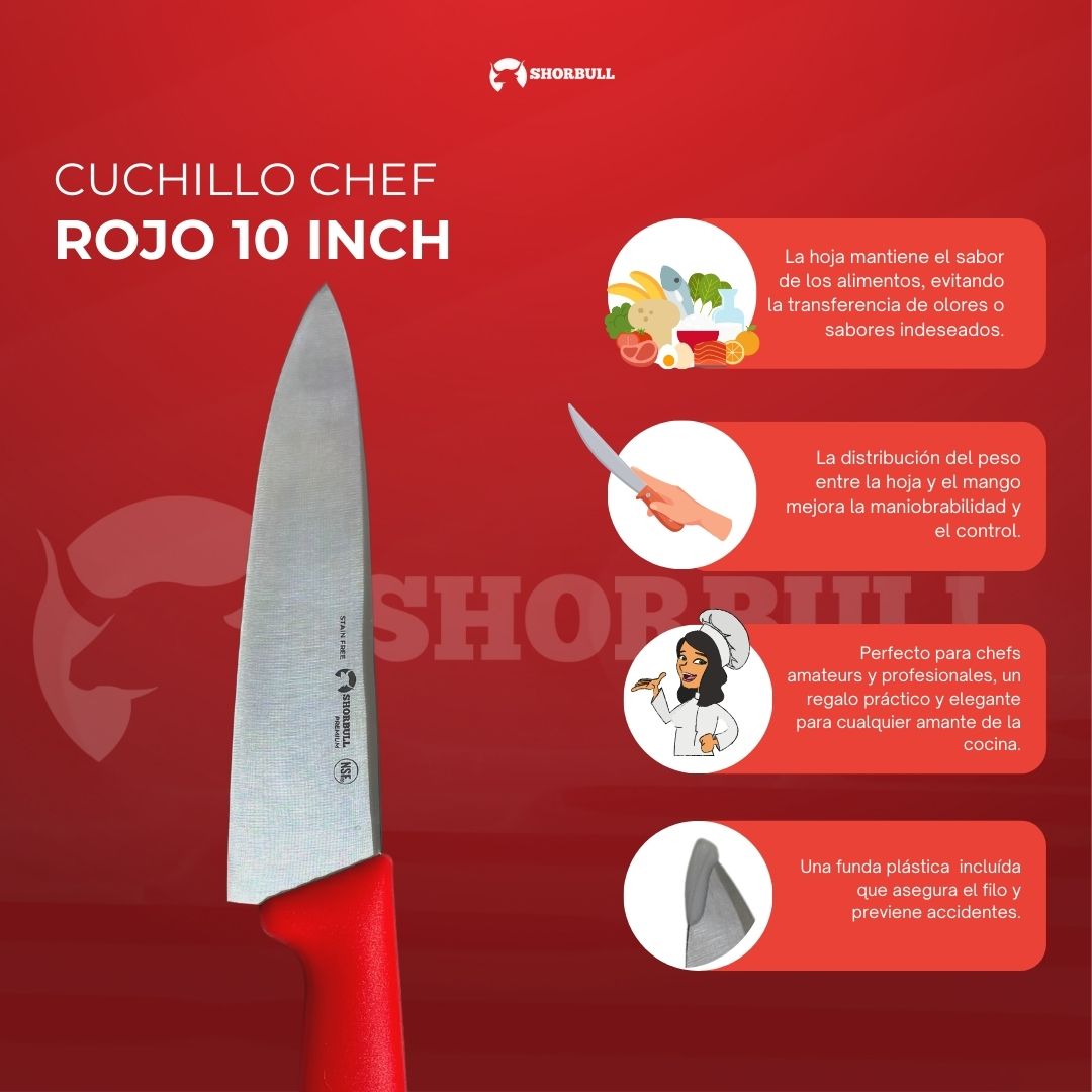 Cuchillo Chef 10 inch Hoja Acero Inoxidable Mango Ergonómico Color Rojo