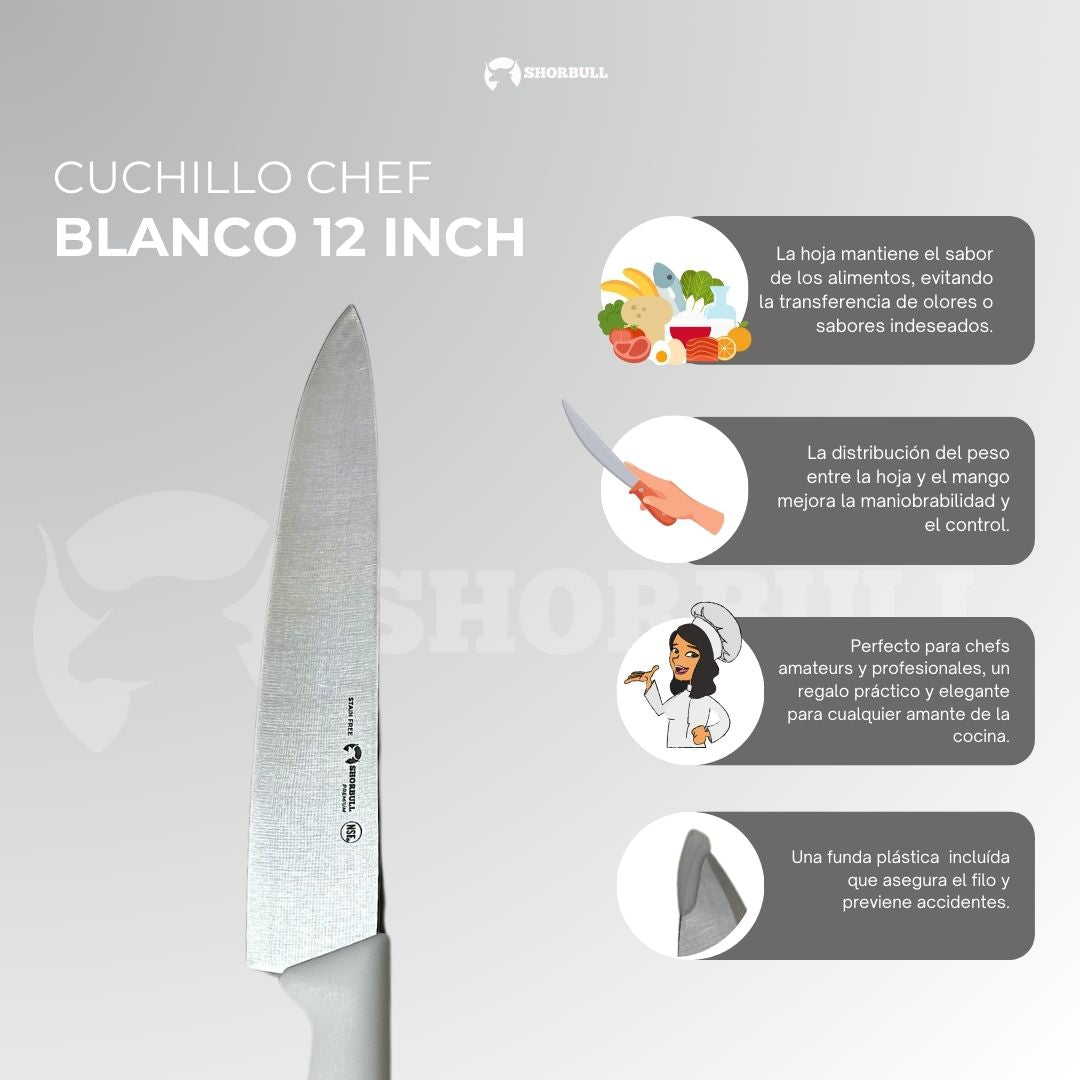 Cuchillo Chef 12 inch Hoja Acero Inoxidable Mango Ergonómico Color Blanco