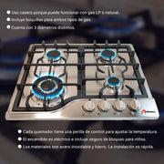 Estufa Acero Inoxidable Shorbull 4 Quemadores Gas Empotrable