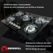 Estufa Vidrio Templado Shorbull 5 Quemadores Gas Empotrable