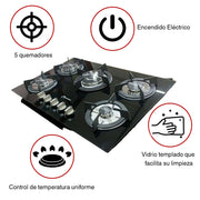 Estufa Vidrio Templado Shorbull 5 Quemadores Gas Empotrable