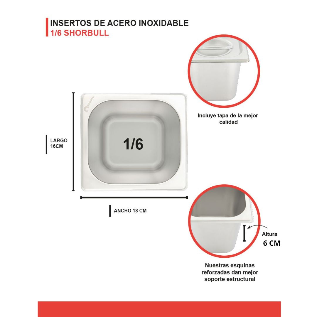 Inserto acero inoxidable 1/6 6cm con tapa Shorbull