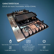 Estufa Acero Inoxidable Shorbull 5 Quemadores con Comal Gas Empotrable