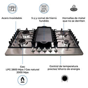 Estufa Acero Inoxidable Shorbull 5 Quemadores con Comal Gas Empotrable