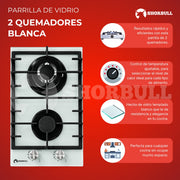 Estufa Vidrio Templado Blanca Shorbull 2 Quemadores Gas Empotrable